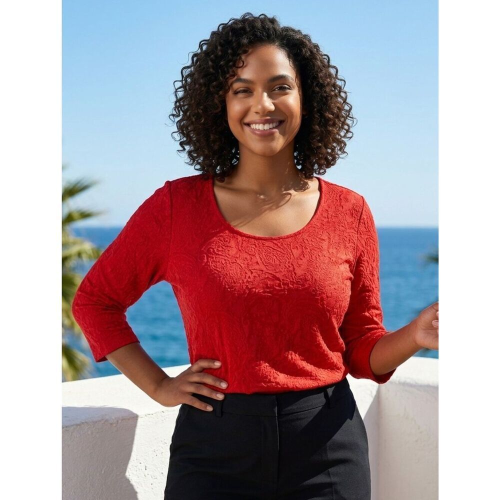 St. John’s Bay Vibrant Red Pattern Sleeve Top 2X Plus Soft Knit Scoop Neck Tee